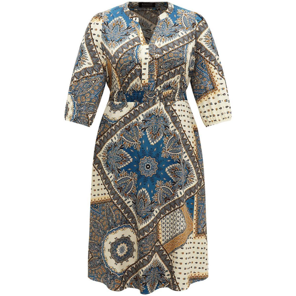 Plus Size Bandana Print Notched Lantern Sleeve Dress Cerulean Women Vacation Elastic cuffs Notched collar Elbow-length sleeve Curvy Midi Dress BloomChic 14-16/1X Product Image