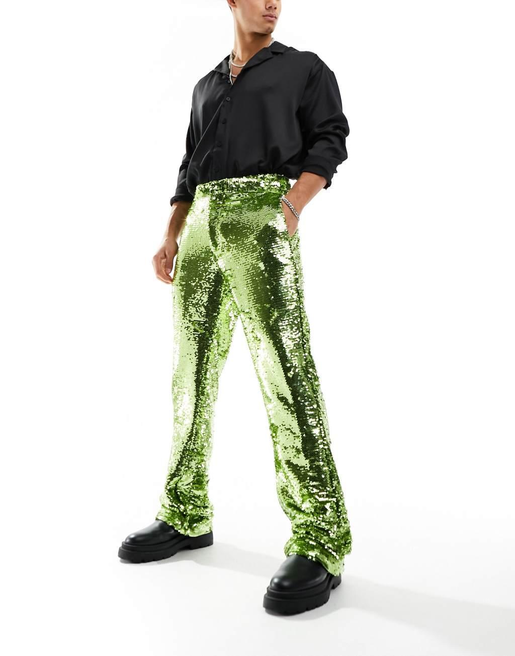 ASOS DESIGN smart flare pants in lime green sequins Product Image
