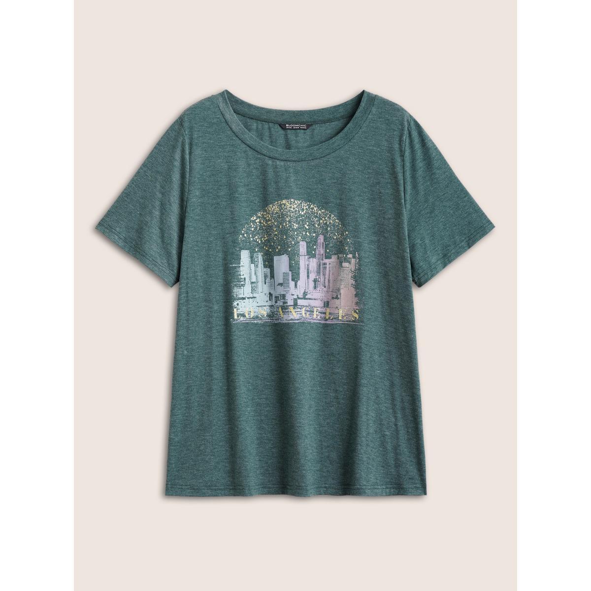 Plus Size Solid Heather City Print Crew Neck T-shirt Cyan Women Casual Non Area Everyday T-shirts BloomChic 22-24/3X Product Image
