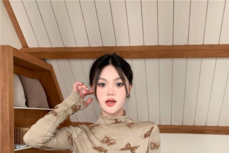 Long Sleeve Mock Neck Butterfly Print Ruched Top Product Image