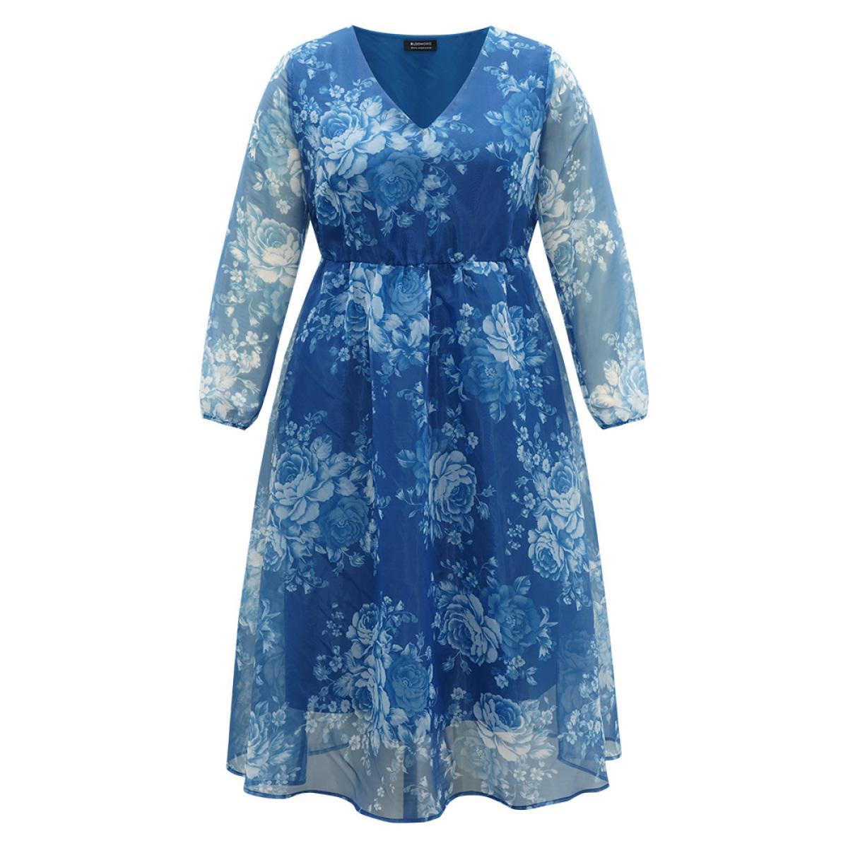 Plus Size Silhouette Floral Print Elastic Cuffs Mesh Dress Cerulean Women Elegant Elastic cuffs V-neck Long Sleeve Curvy Midi Dress BloomChic 22-24/3X Product Image