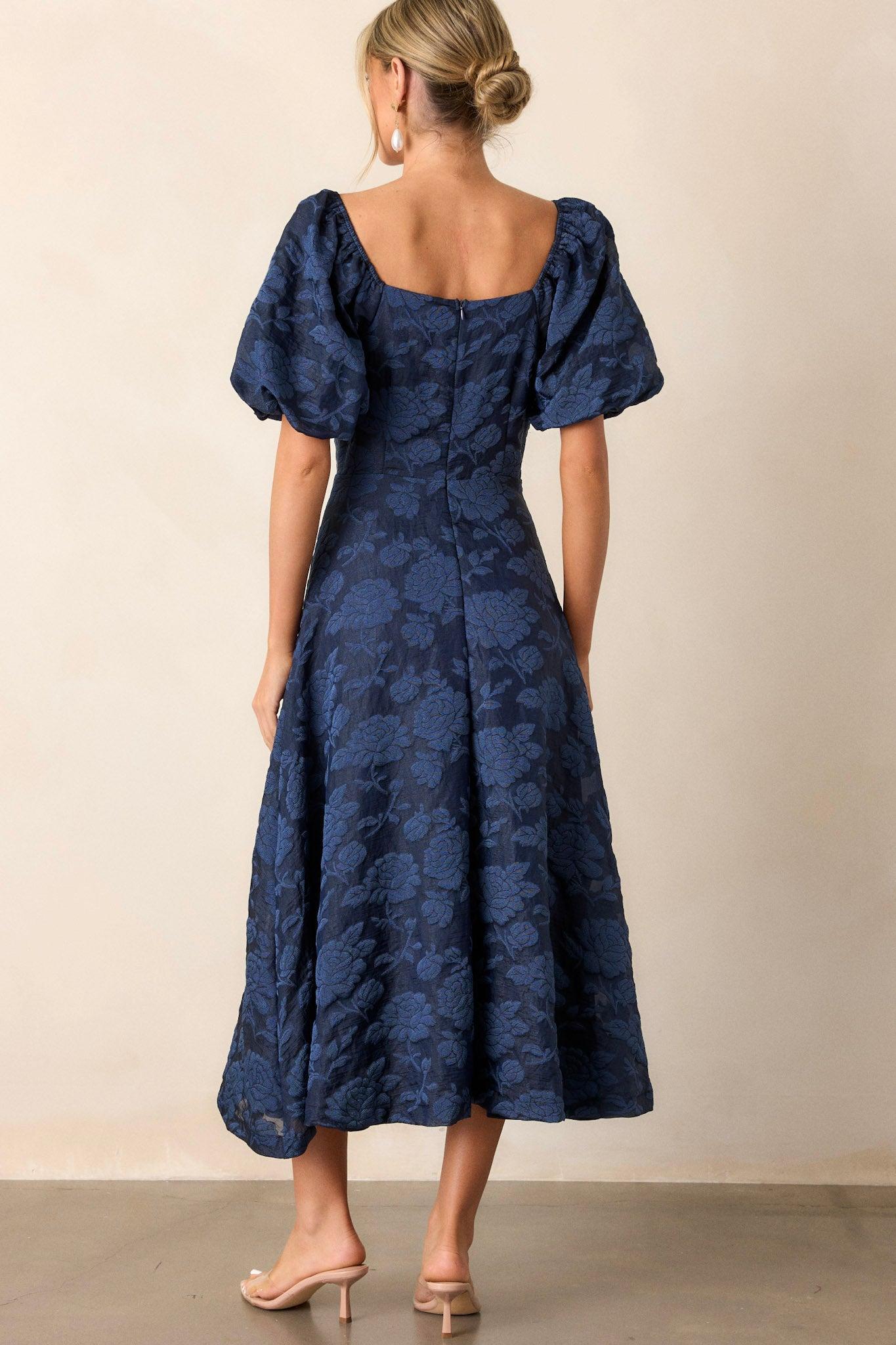 Starlit Evenings Navy Floral Jacquard Midi Dress Product Image