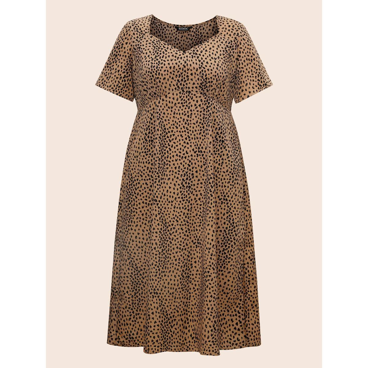 Plus Size Leopard Print Heart Neckline Split Side Dress Bronze Women Elegant Gathered Heart neckline Short sleeve Curvy BloomChic 12/L Product Image