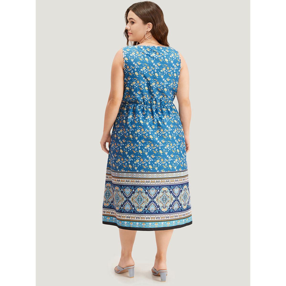 Plus Size Boho Print Ruffles Pocket Sleeveless Dress Blue Women Vacation Printed V-neck Sleeveless Curvy Midi Dress BloomChic 14-16/1X Product Image