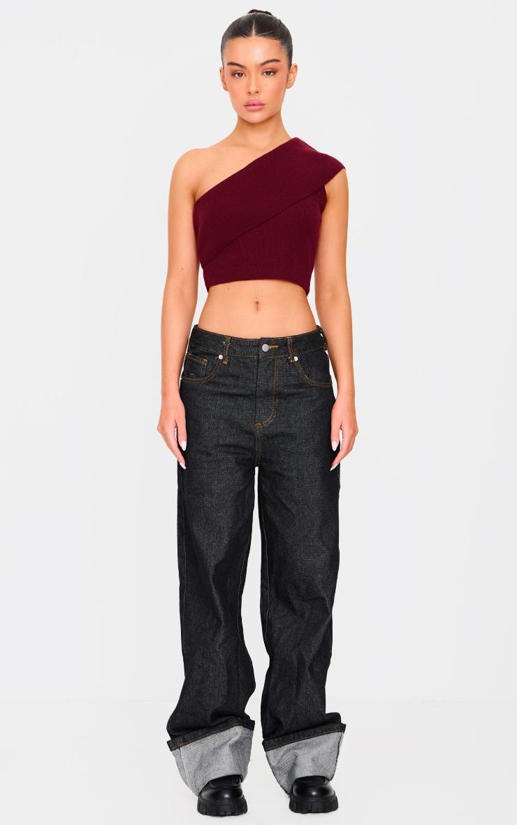 Burgundy Soft Rib Knit One Shoulder Fold Over Crop Top Product Image