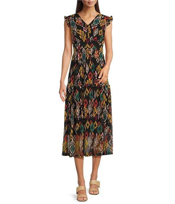 Calessa Petite Size Abstract Ikat Print Plunge V-Neck Cap Flutter Sleeve Smocked Tiered Dress Product Image