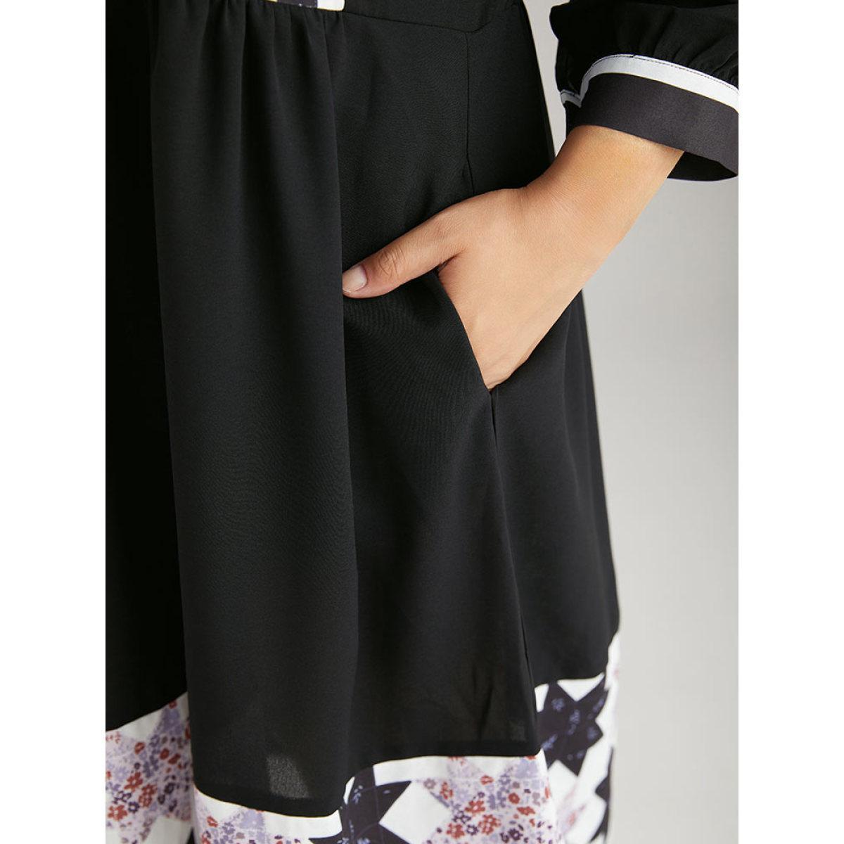 Plus Size Geometric Colorblock Pocket Gathered Dress Black Women Vacation Printed V-neck Elbow-length sleeve Curvy Midi Dress BloomChic 18-20/2X Product Image