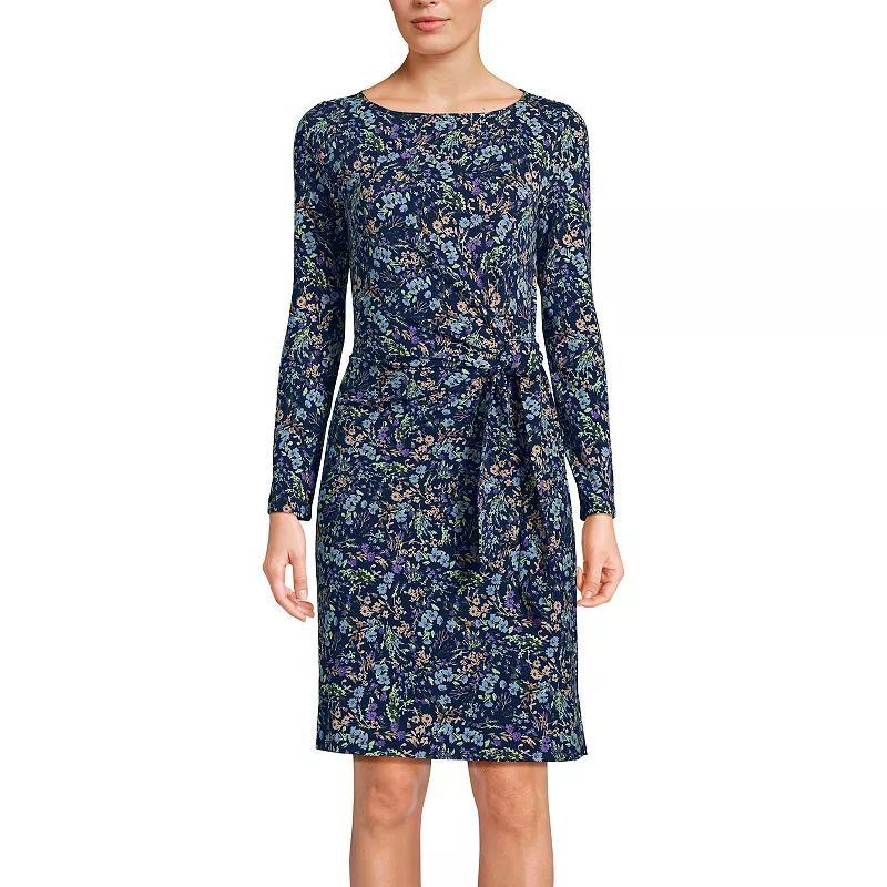 Women's Lands' End Long Sleeve Boatneck Tie-Waist Mini Dress, Size: Medium, Green Dot Floral Product Image