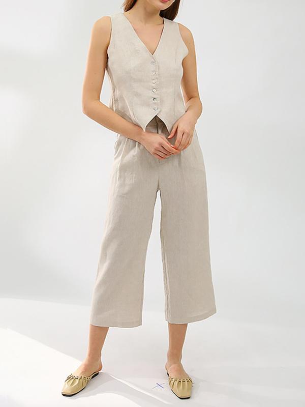Solid Color  Sleeveless Buttoned Deep V-Neck Vest Top + Pleated Straight Leg Pants Bottom Two Pieces Set Product Image