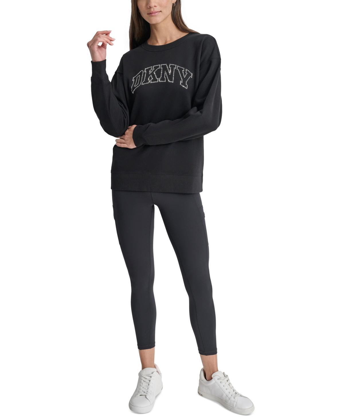 Dkny Womens Varsity Rhinestone-Logo Crewneck Fleece Sweatshirt Product Image