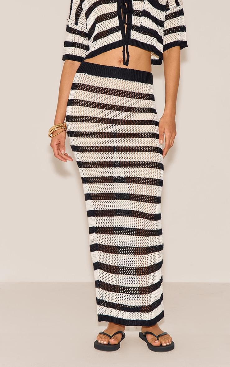 Monochrome Crochet Stripe Knit Maxi Skirt Product Image