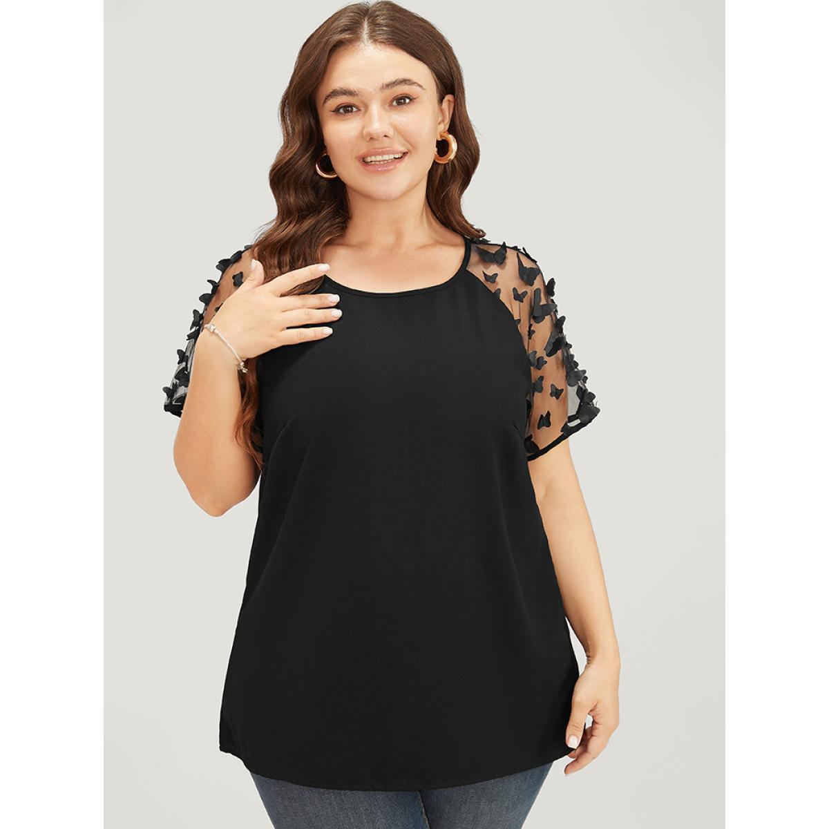 Plus Size Black Plain Butterfly Appliques Mesh Raglan Sleeve Blouse Women Party Short sleeve Round Neck Dailywear Blouses BloomChic 30/6X Product Image
