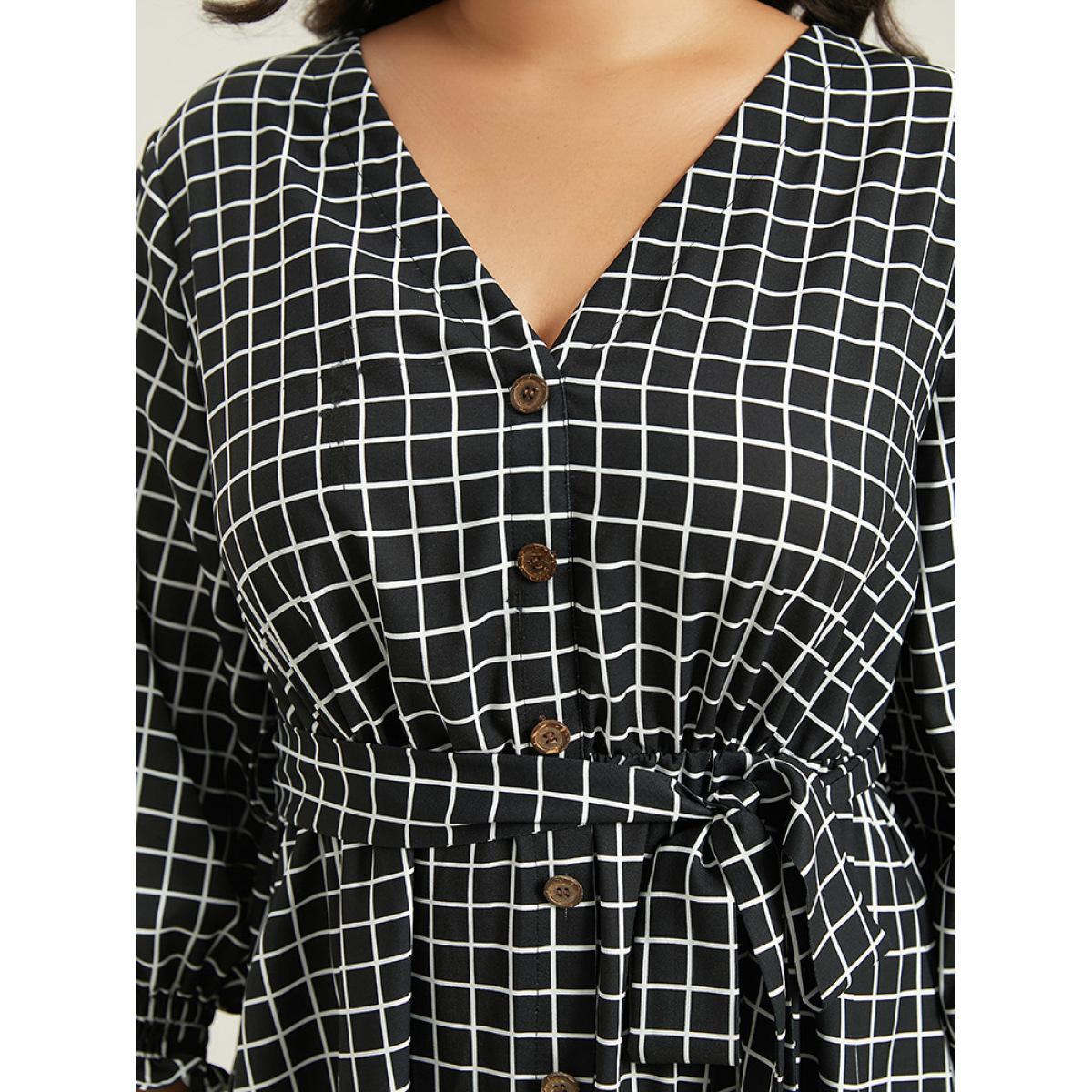 Plus Size Gingham Button Detail Pocket Lantern Sleeve Dress Black Women At the Office Belted V-neck Long Sleeve Curvy Midi Dress BloomChic 14-16/1X Product Image