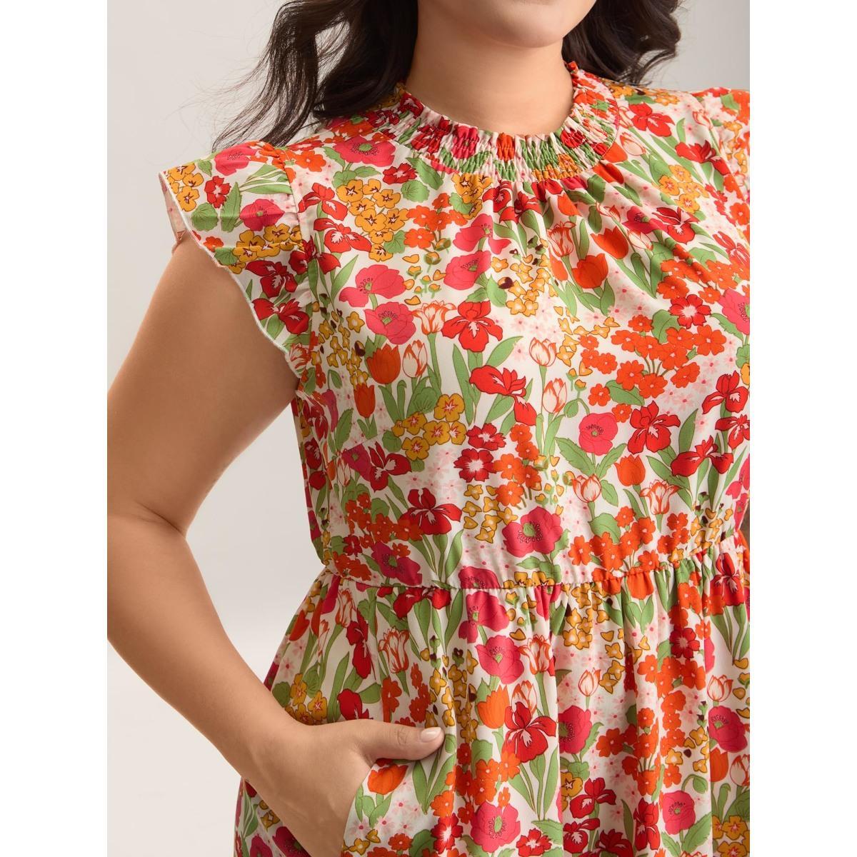 Plus Size Floral Print Shirred Pockets Midi Dress Salmon Women Elegant Frill Trim Mock Neck Cap Sleeve Curvy BloomChic 30/6X Product Image