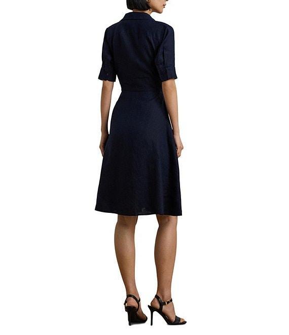 Lauren Ralph Lauren Linen Point Collar Elbow Sleeve Button Front Self Tie Fit-And-Flare Shirt Dress Product Image