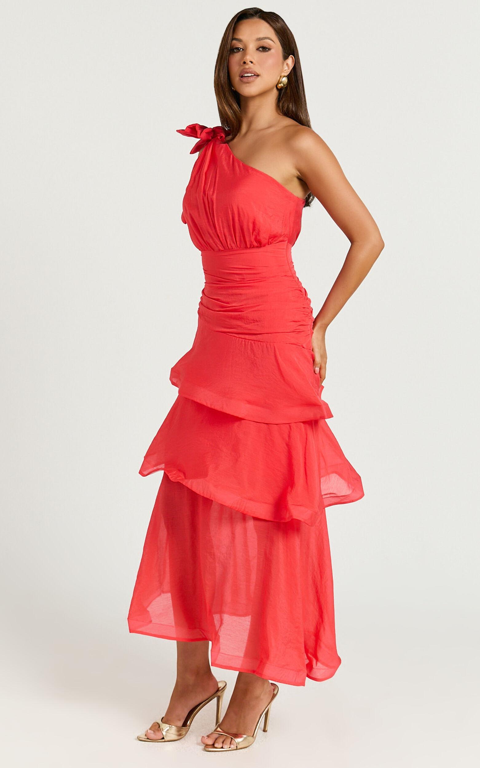 Eugenia Midi Dress - One Shoulder Fit and Flare Layered Dress in Red Product Image