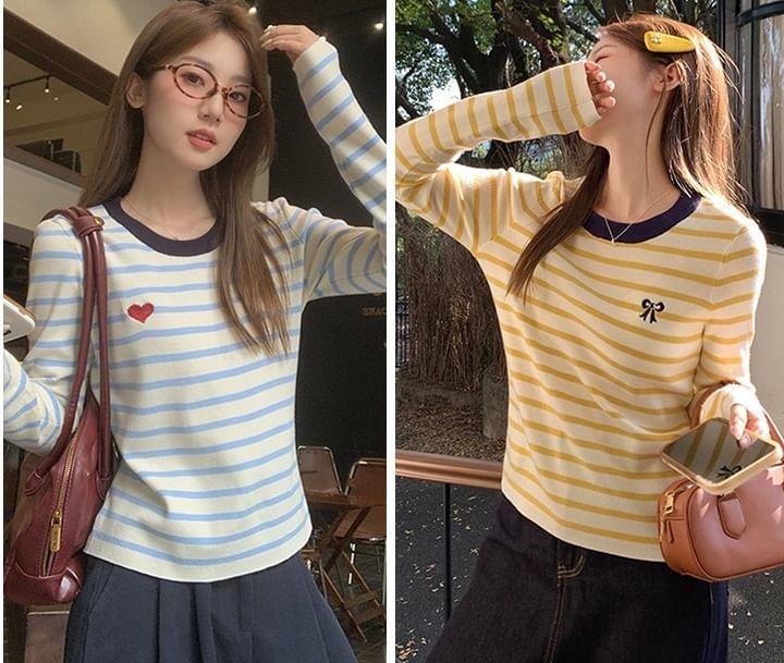 Long-Sleeve Round Neck Striped Heart Bow Embroidered Knit Top Product Image