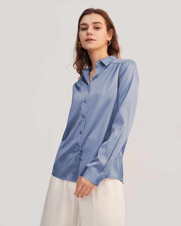 Long Sleeves Collared Silk Blouse Product Image
