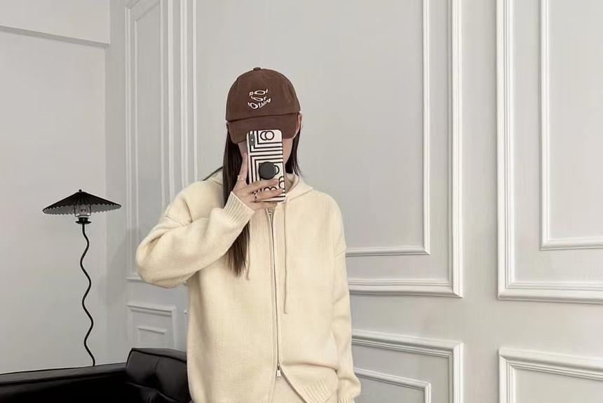 Set: Plain Zip-Up Knit Hoodie + High Rise Slit Midi Straight Skirt Product Image