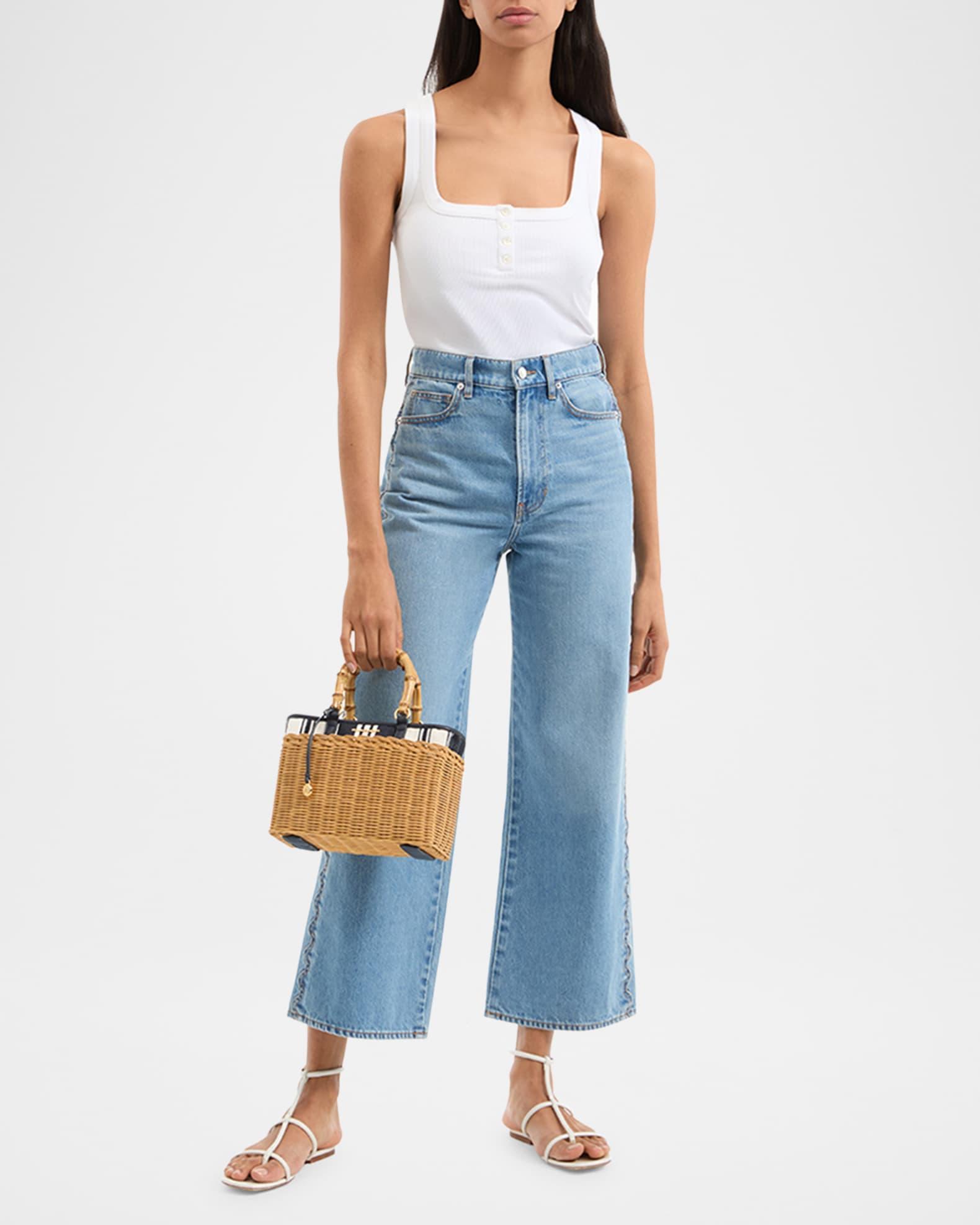 Woven Wicker Crossbody Bag with Striped Canvas Product Image