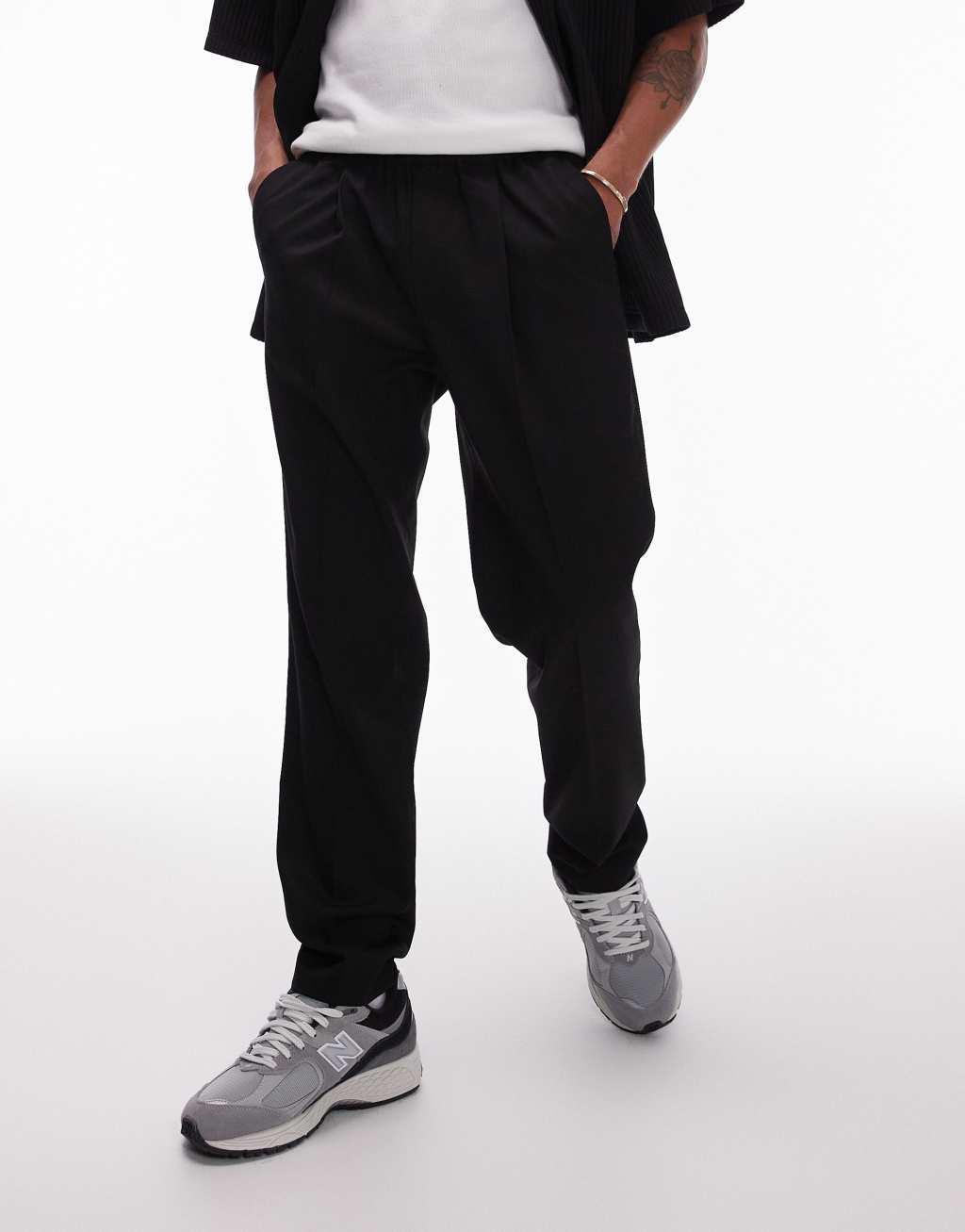 Topman smart taper pants with elasticated waistband in black Product Image