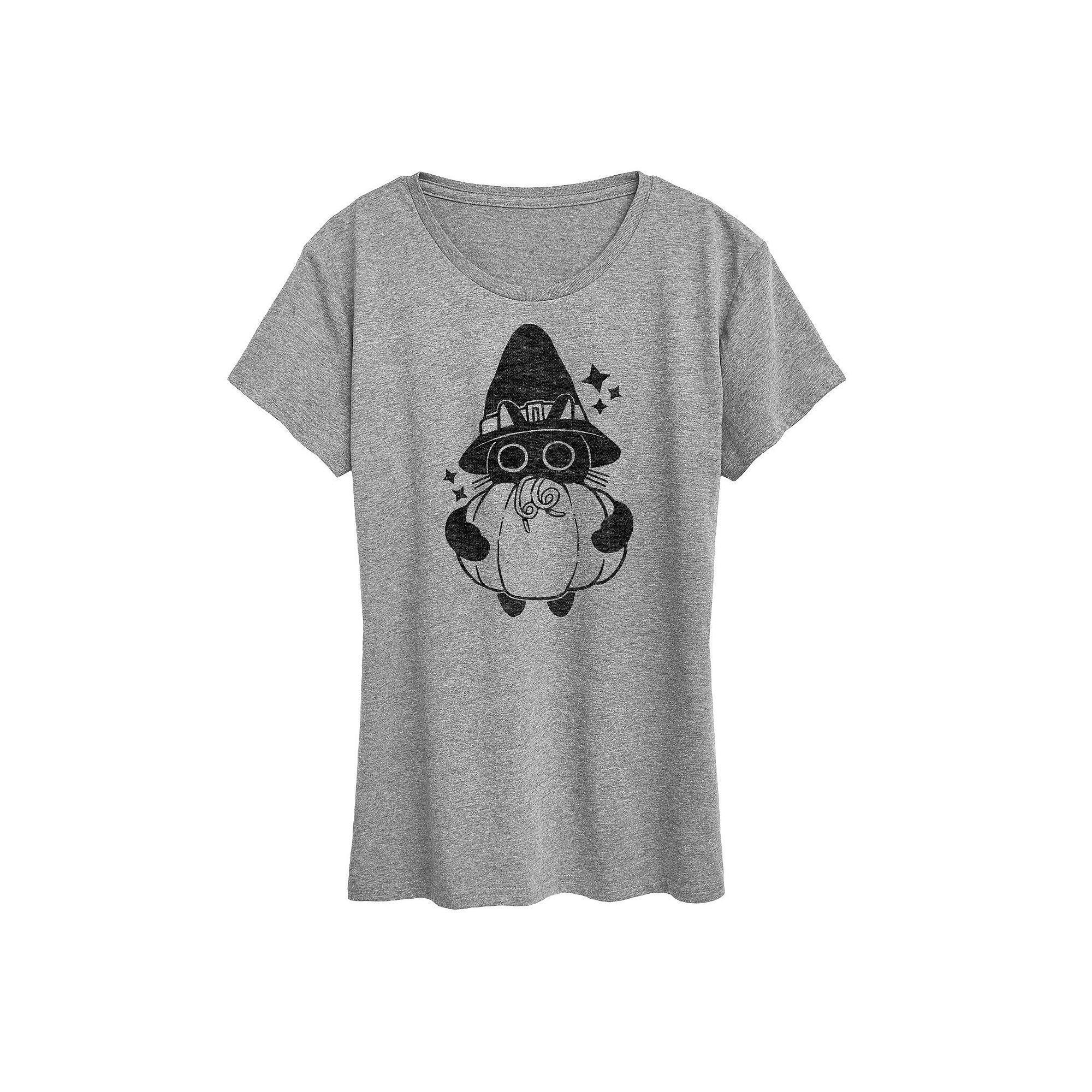 Plus Size Witch Cat With Pumpkin Graphic Tee, Womens Grey Gray Product Image