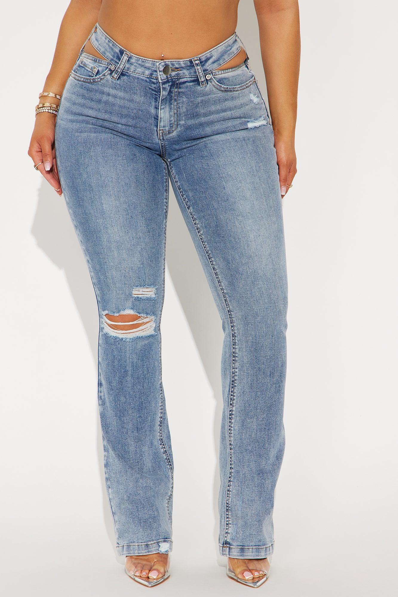 Stretch Cut Out Ripped Bootcut Jeans - Dark Wash Product Image