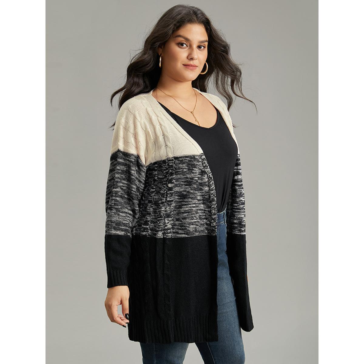 Plus Size Colorblock Contrast Heather Open Front Cardigan Black Women Casual Loose Long Sleeve Dailywear Cardigans BloomChic 14-16/1X Product Image