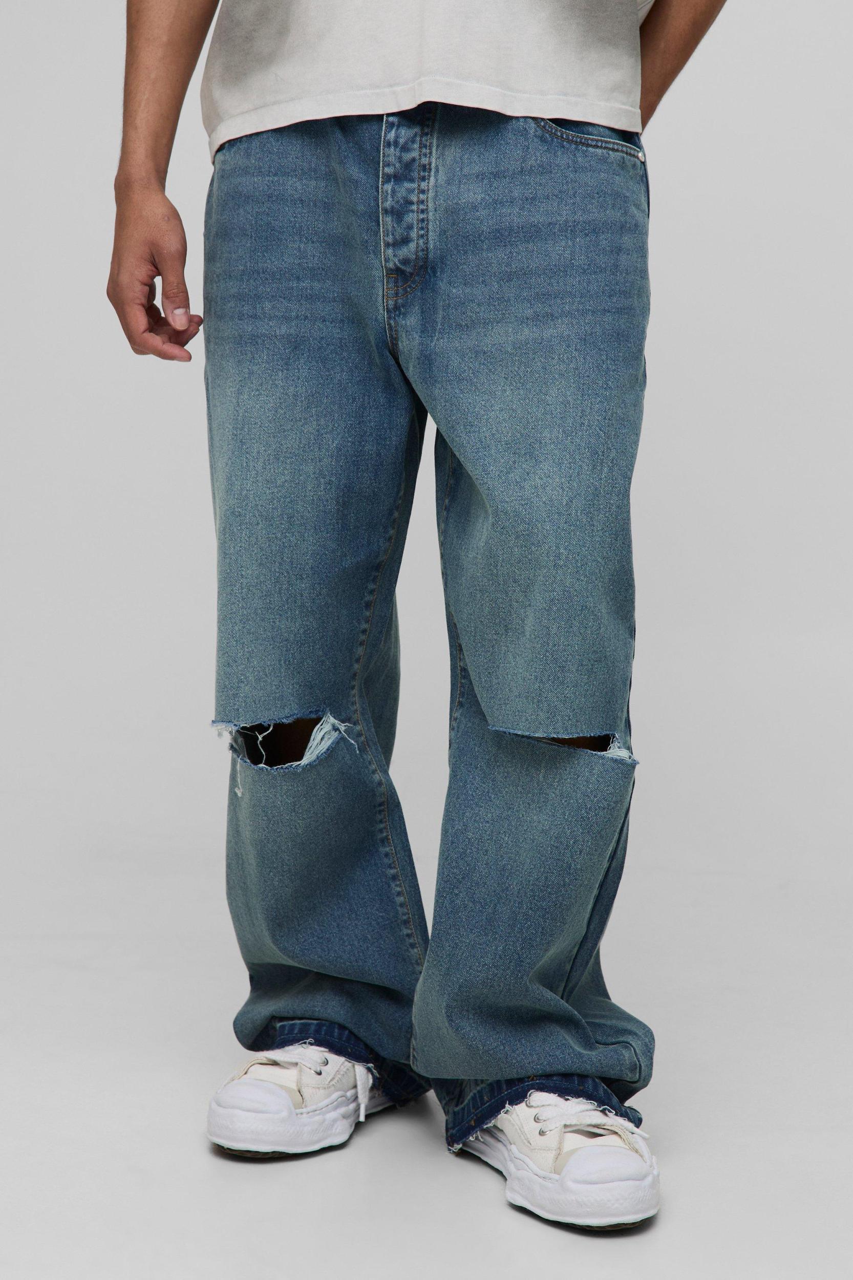 Wide Leg Ripped Knee Jeans With Let Down Hem | boohooMAN USA Product Image