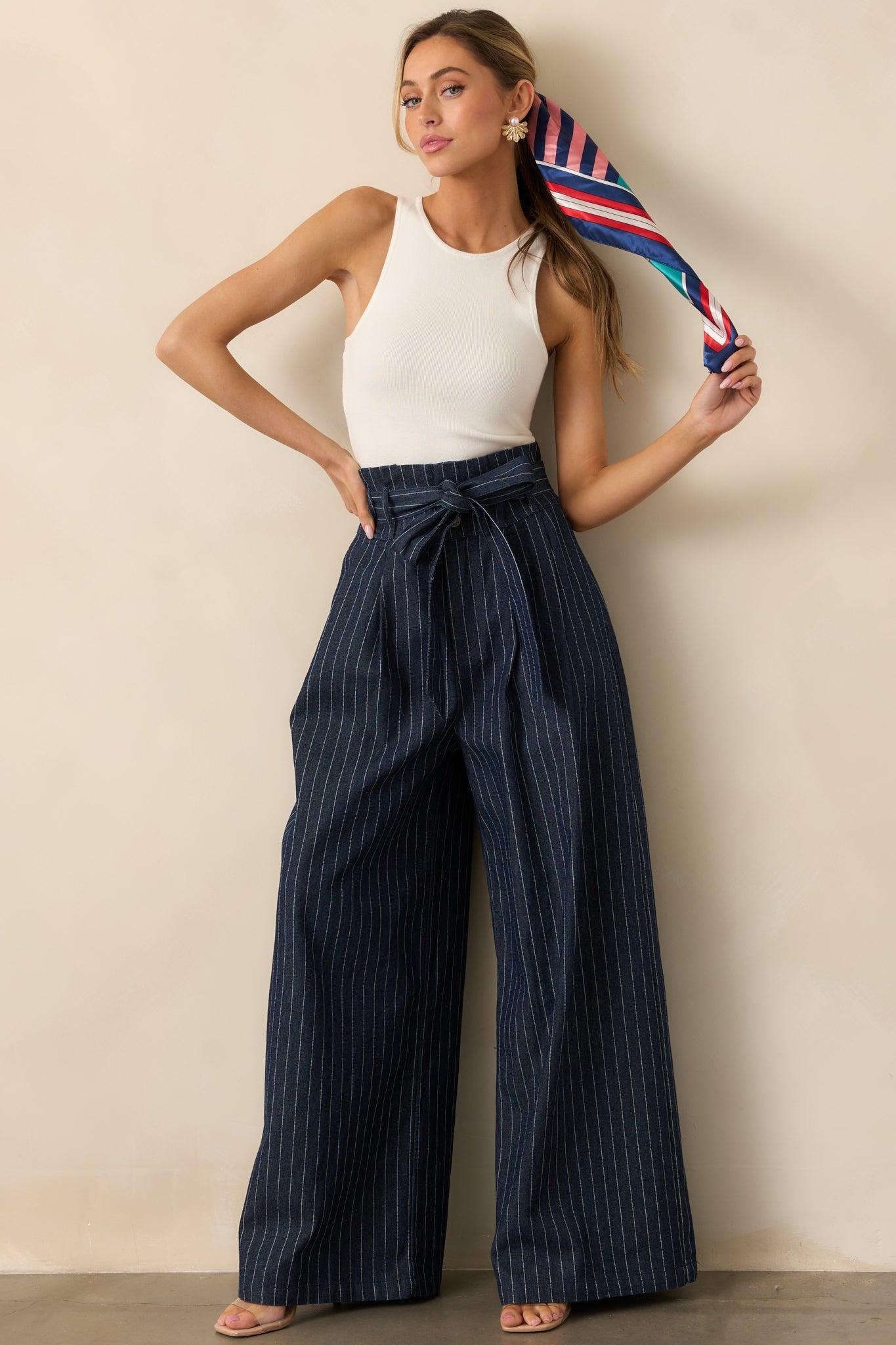 So In Sync Dark Wash Pinstripe Wide Leg Jeans Product Image