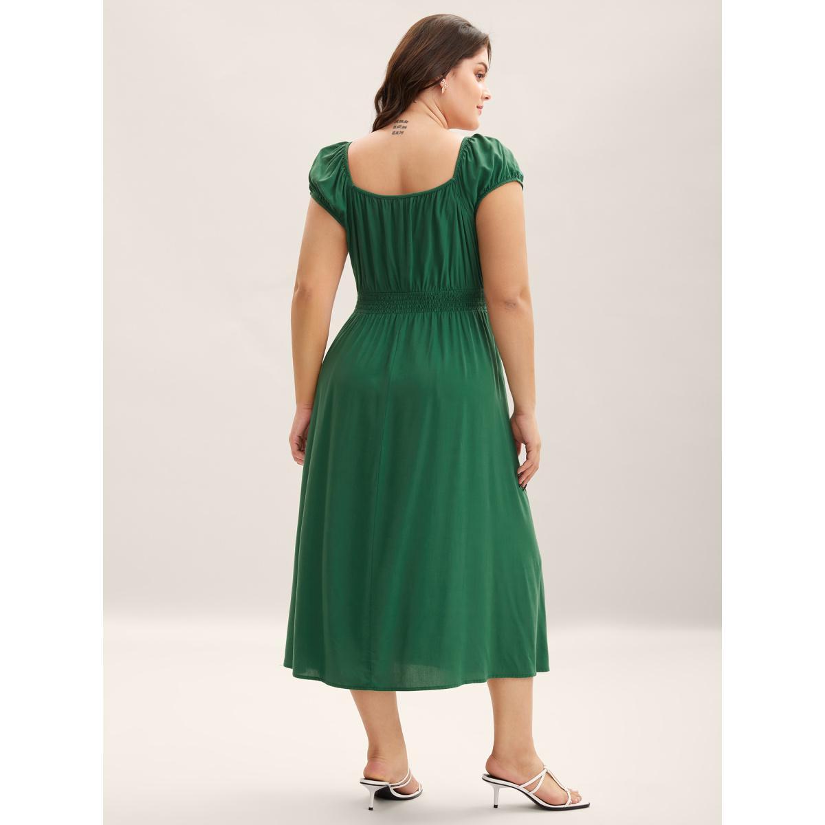 Plus Size Rayon Keyhole Pockets Solid Milkmaid Dress Emerald Women Square Neck Cap Sleeve Curvy BloomChic 18-20/2X Product Image