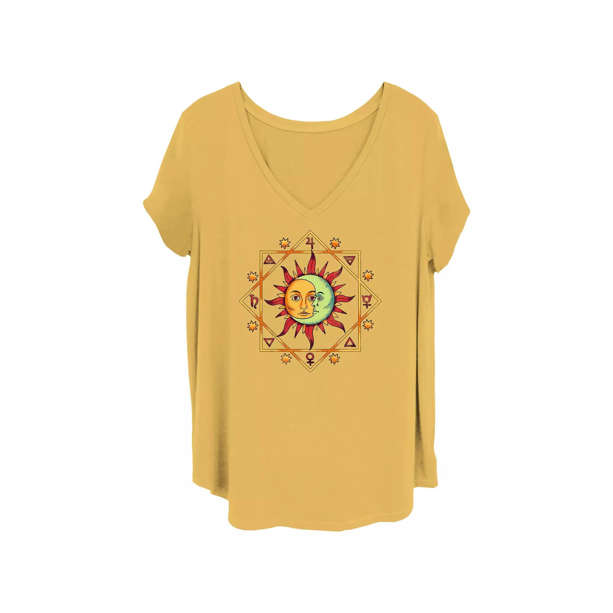 Juniors' Plus Celestial Sun And Moon Zodiac Cluster V-Neck Graphic Tee, Women's, Size: 4XL, Brown Product Image