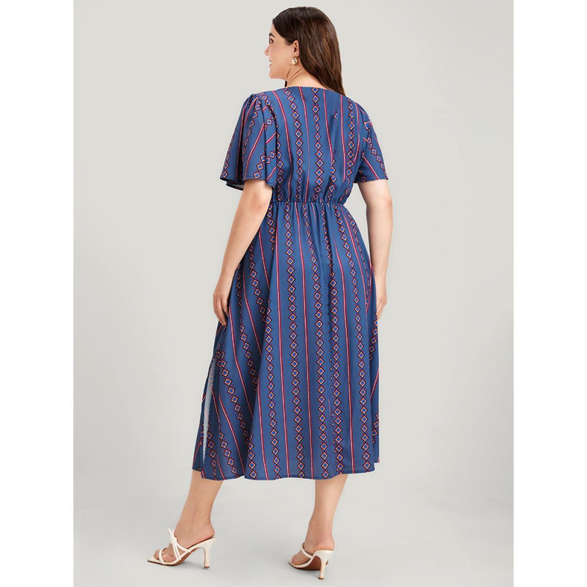 Plus Size Striped Pocket Split Flutter Wrap Midi Dress DarkBlue Women Casual Printed V-neck Short sleeve Curvy Midi Dress BloomChic 22-24/3X Product Image