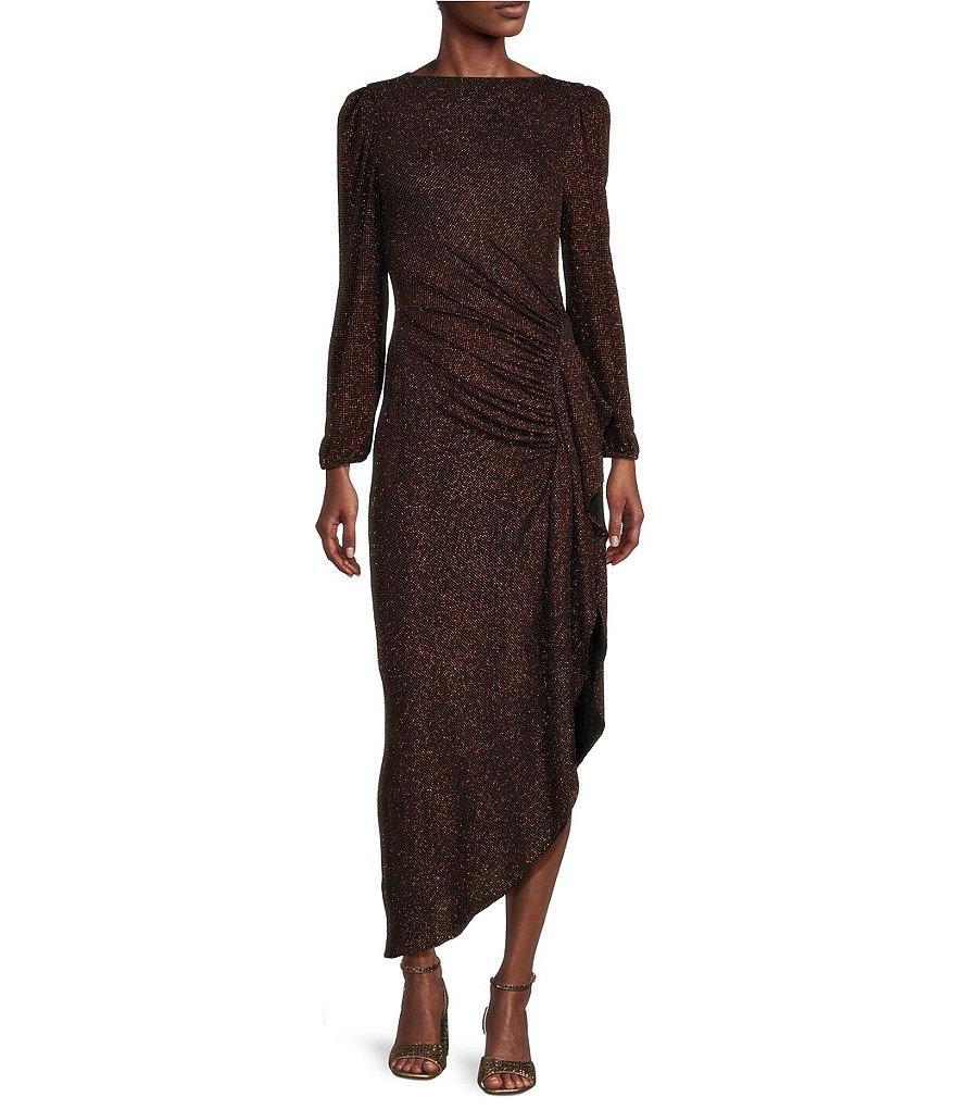 Alex Marie Abigail Two Tone Glitter Lurex High Boat Neck Long Blouson Sleeve Faux Wrap Ruched Asymmetrical Hem Maxi Dress Product Image