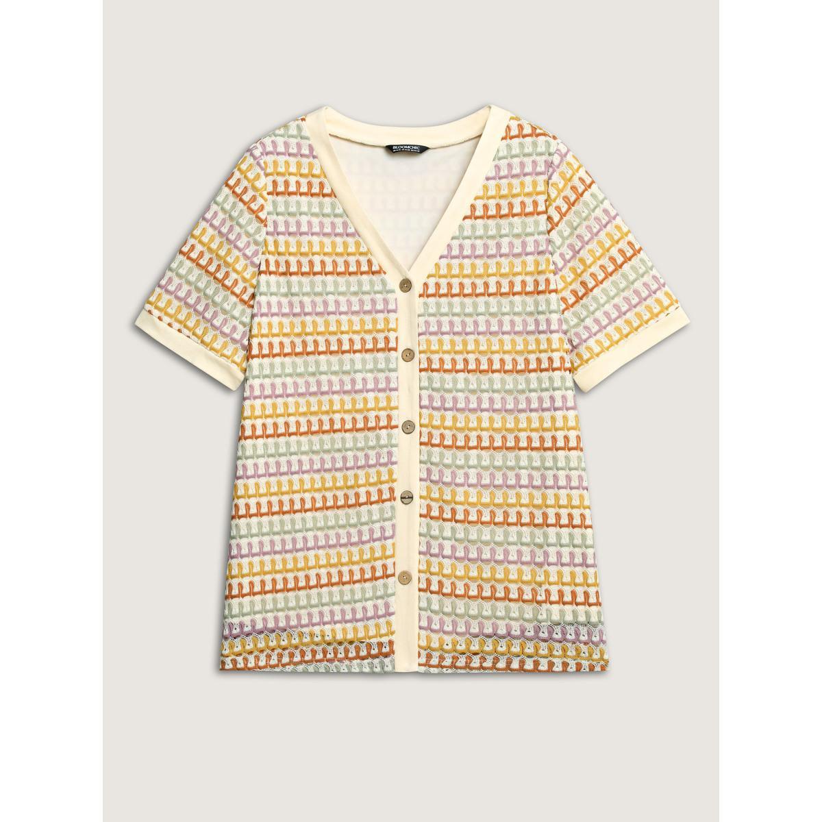 Plus Size Colorful Crochet Stretchy Button T-Shirt Lightorange Women Texture V-neck Everyday-Casual T-shirts BloomChic 18-20/2X Product Image