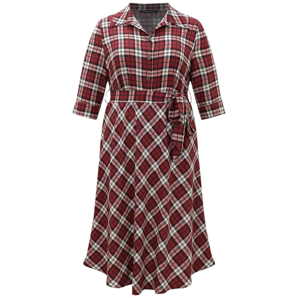 Plus Size Christmas Plaid Shirt Collar Button Up Belted Dress Burgundy Women Office Belted Shirt collar Elbow-length sleeve Curvy Midi Dress BloomChic 10/M Product Image