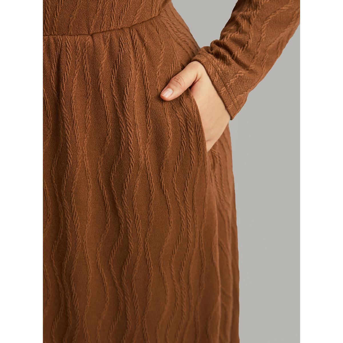 Plus Size Water Ripple Long Sleeve Pocket Dress Rust Women Casual Texture Round Neck Long Sleeve Curvy Midi Dress BloomChic 10/M Product Image