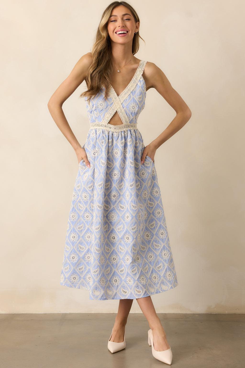 A Touch Of Grace Periwinkle Embroidered Cutout Midi Dress Product Image