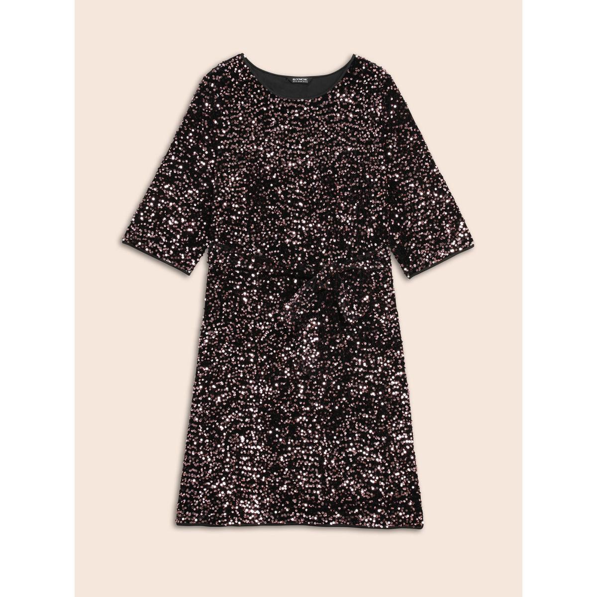 Plus Size Sequin Round Neck Dress Black Women Cocktail Texture Party Curvy Bloomchic 30/6X Product Image