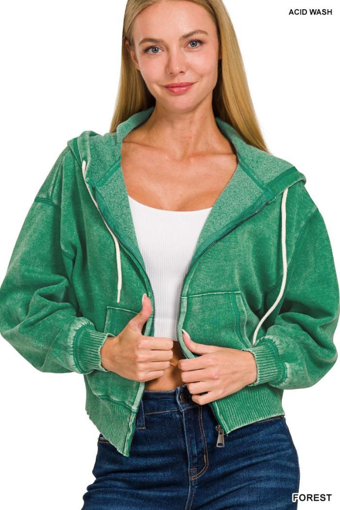 Acid wash fleece cropped zip-up hoodie w pockets Product Image