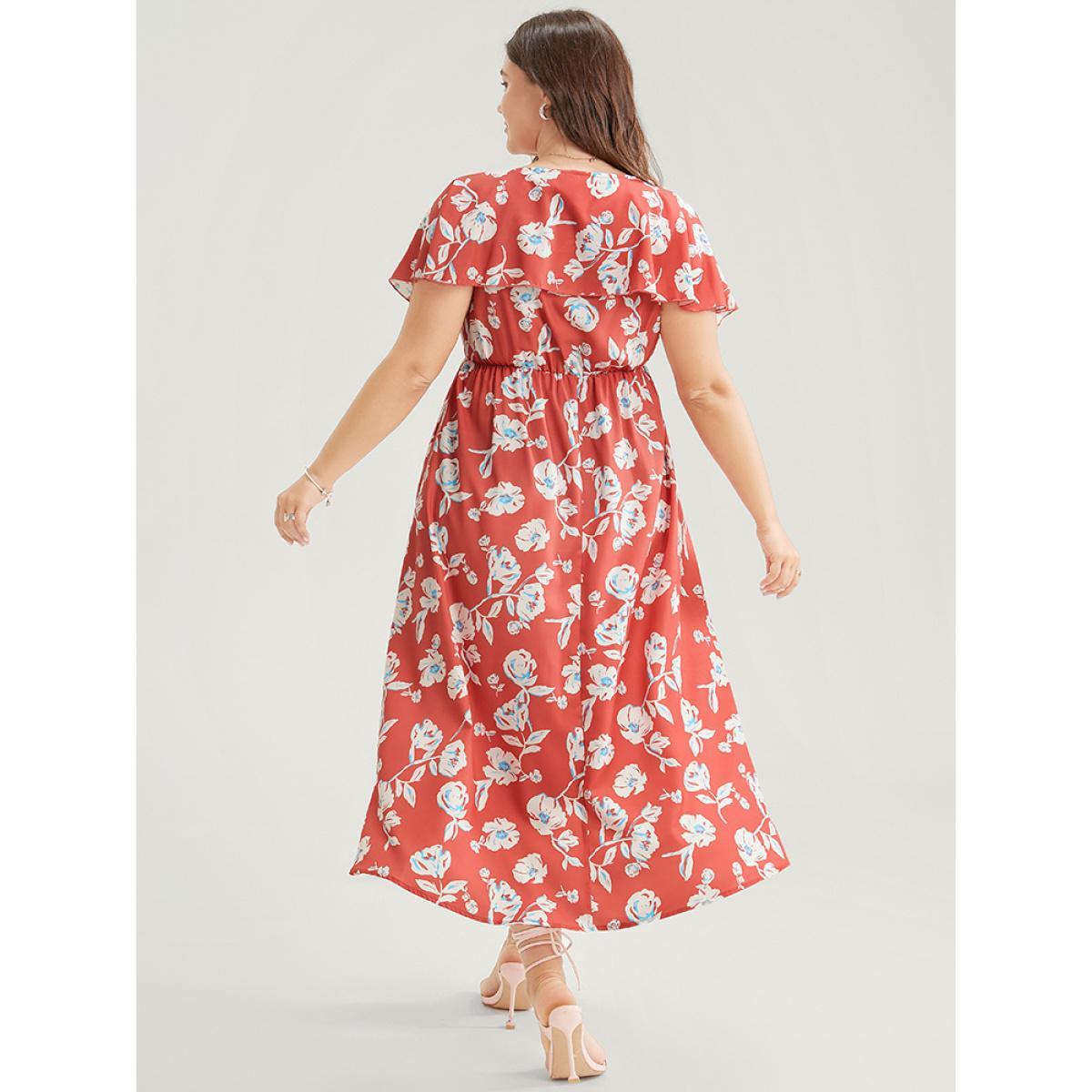 Plus Size Floral Printed Ruffle Trim Pocket V Neck Split Hem Dress Coral Women Elegant Elastic Waist V-neck Sleeveless Curvy Midi Dress BloomChic 10/M Product Image