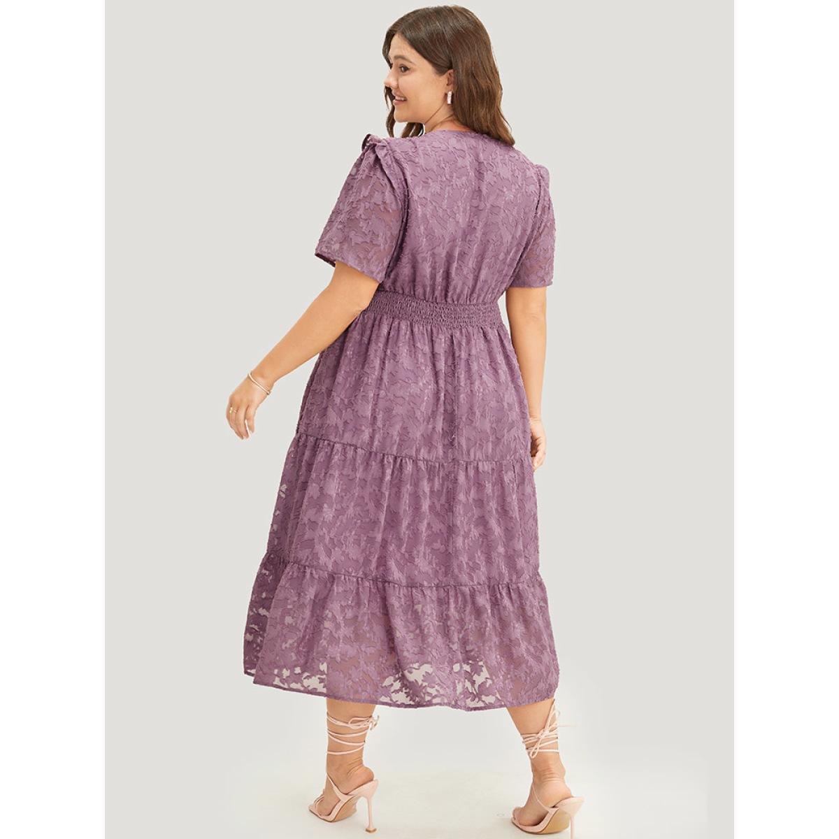 Plus Size Plain V Neck Pocket Shirred Ruffle Tiered Floral Dress Mauve Women Elegant Gathered V-neck Short sleeve Curvy Midi Dress BloomChic 10/M Product Image