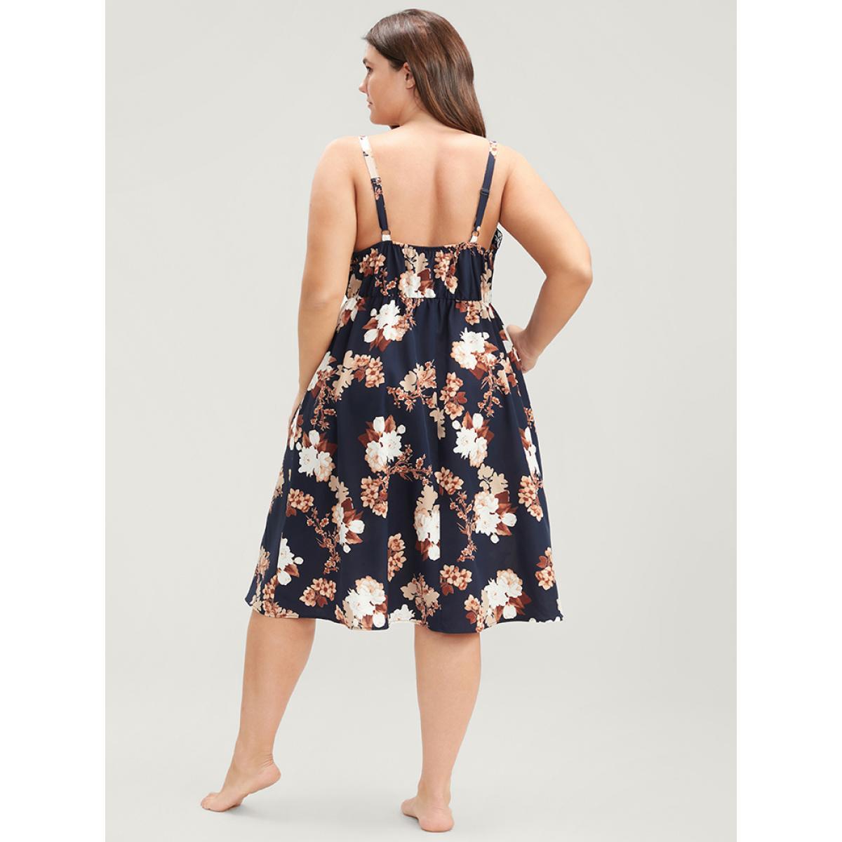 Plus Size Floral Wrap Lace Trim Cami Night Dress Women DarkBlue Elegant Floral Elastic Waist V-neck Loungewear BloomChic 18-20/2X Product Image