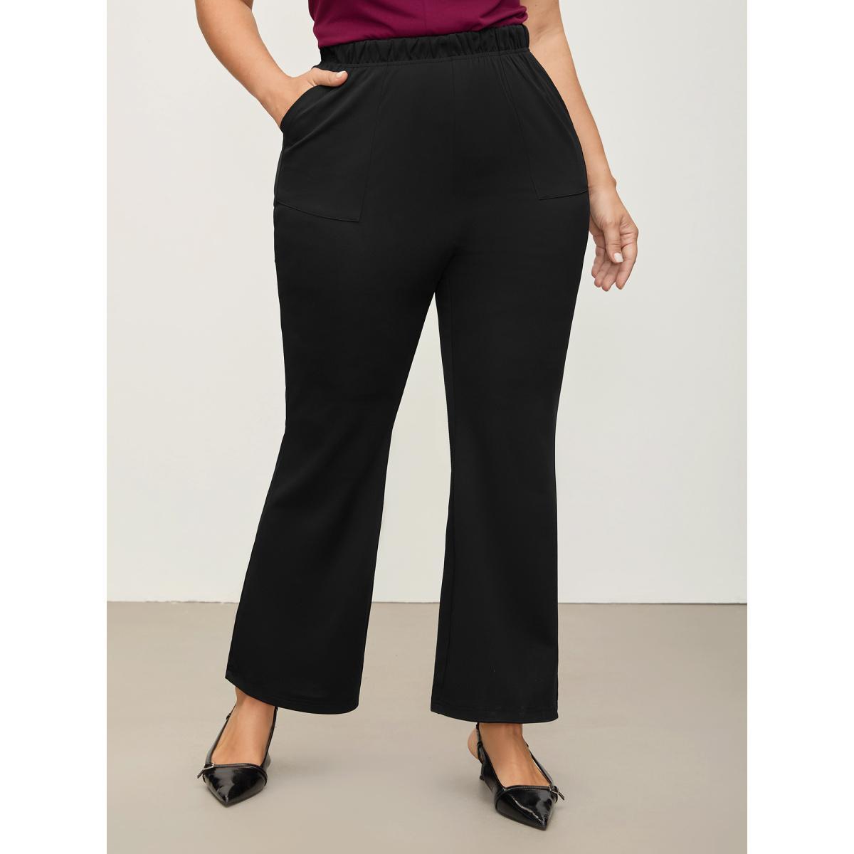 Plus Size Solid Pocket Flare Leg Elastic Waist Pants Women Black At the Office Flare Leg High Rise Work Pants BloomChic 14-16/1X Product Image