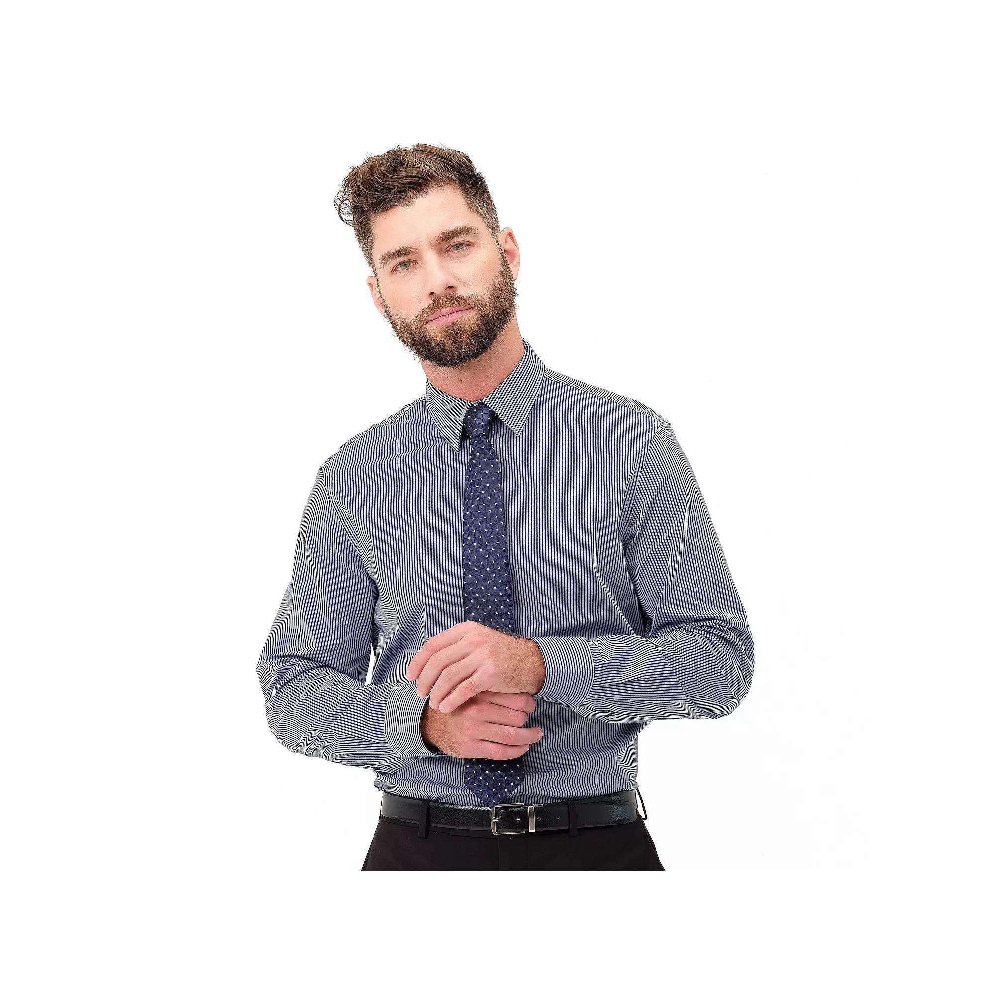 Men's Nick Graham Modern-Fit Stretch Dress Shirt & Tie Set, Size: Medium-34/35, Navy Gray Stripe Product Image