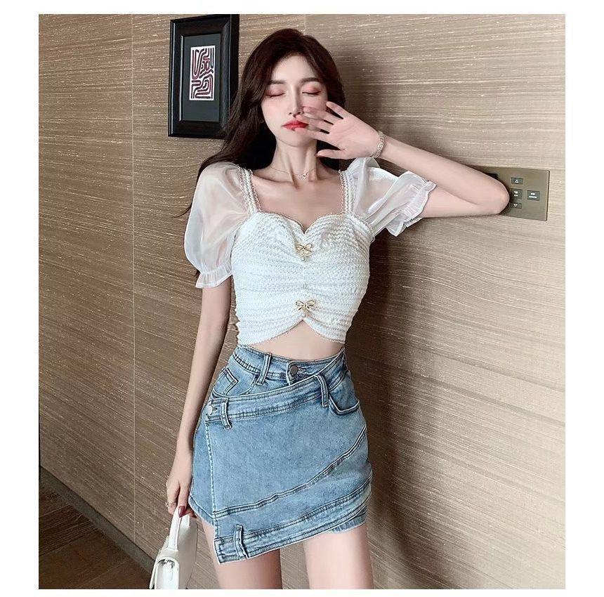 Mid Rise Asymmetrical Washed Denim Skort Product Image