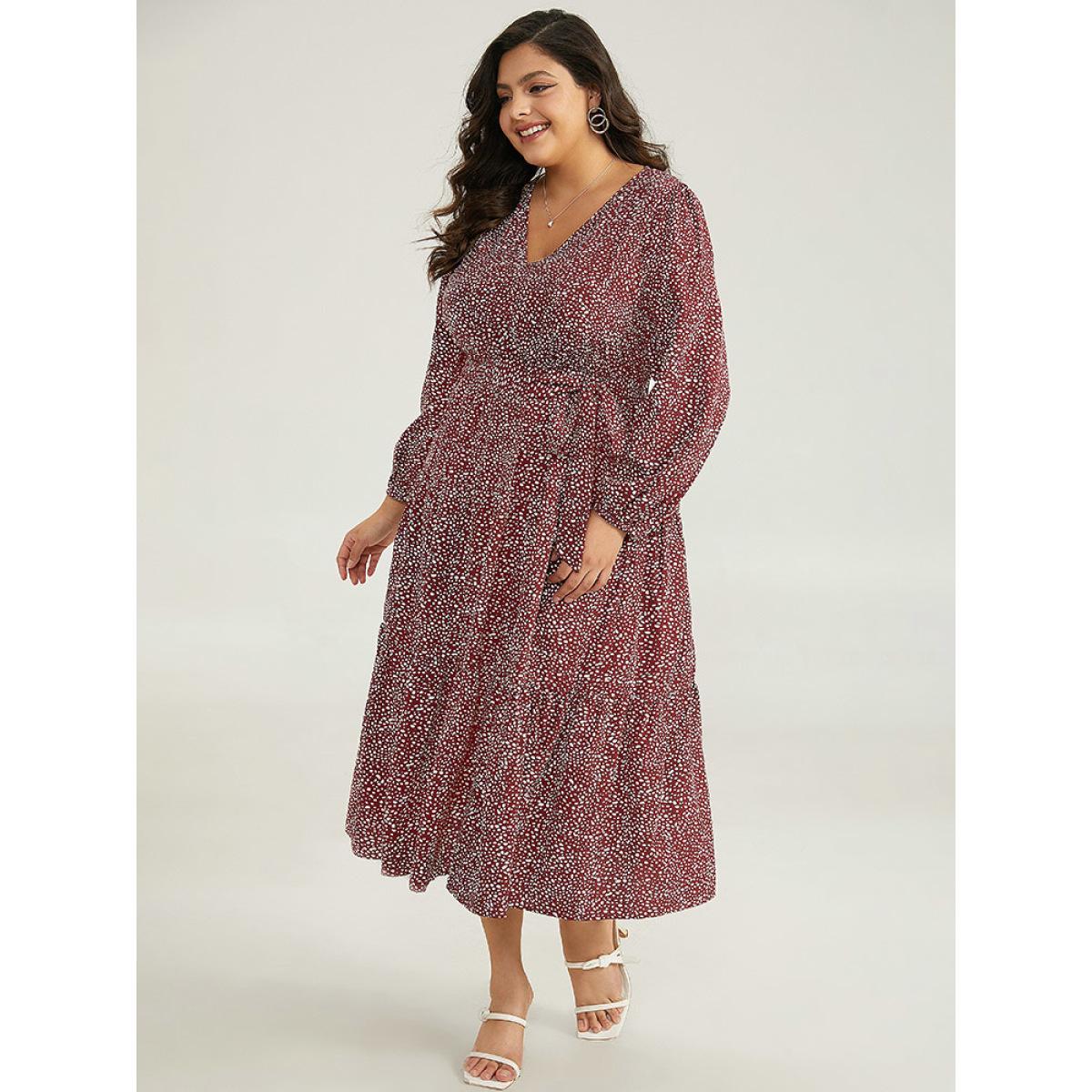 Plus Size Polka Dot Lantern Sleeve Belted Dress Burgundy Women Elegant Elastic cuffs V-neck Long Sleeve Curvy Midi Dress BloomChic 22-24/3X Product Image