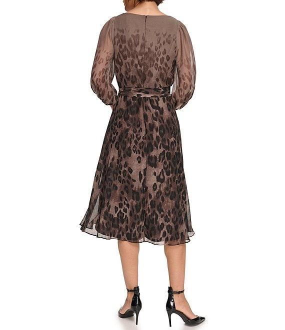 DKNY by Donna Kara Printed Chiffon Surplice V-Neck Belted Fit & Flare Midi Dress Product Image