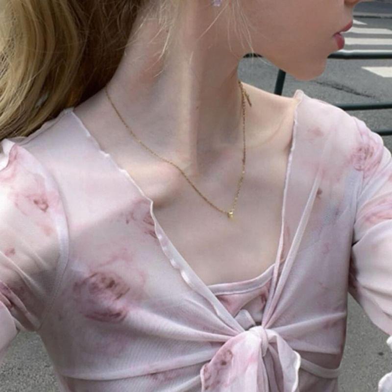 Bell Sleeve Mock Two Piece V-Neck Floral Print Tie-Front Mesh Crop Top Product Image