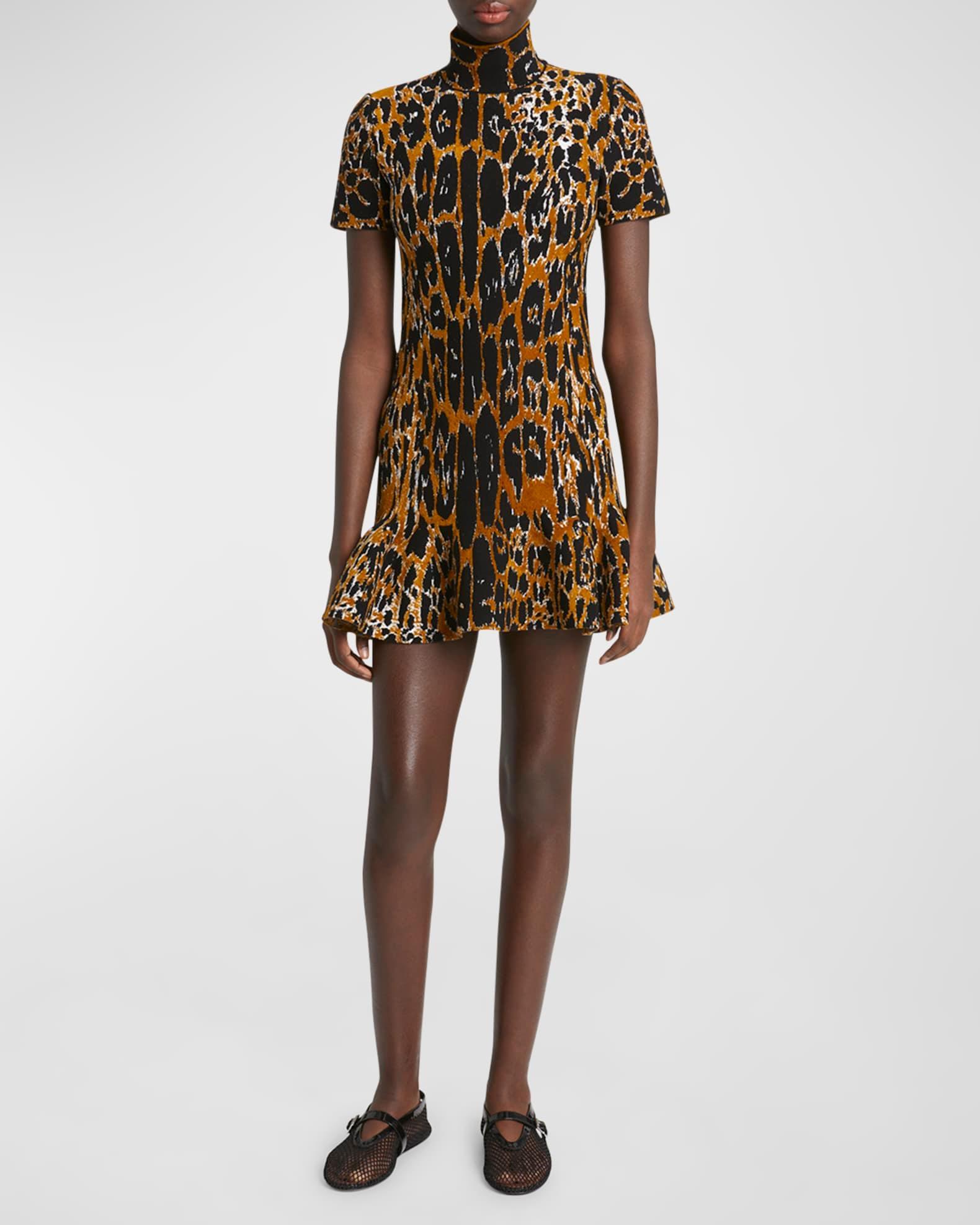 Mock-Neck Leopard Short-Sleeve Skater Mini Dress Product Image